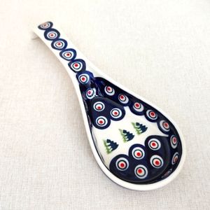 Polish Pottery Spoon Rest - Peacock Tree Pattern - Cobalt Boleslawiec